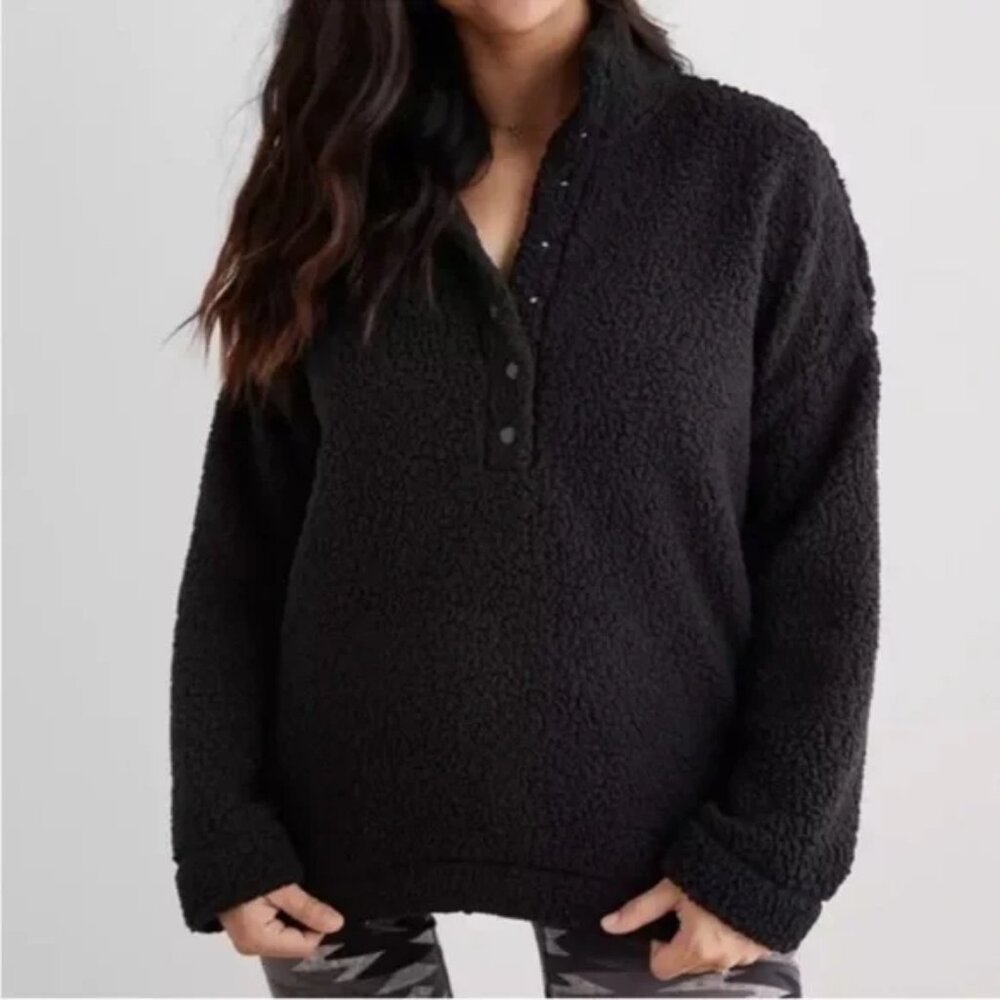 Aerie XS Black Fluff Quarter Snap Front Lightweight Sherpa Pullover Sweatshirt